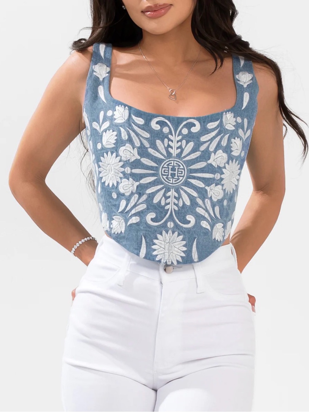 Embroidered Blue Square-Neck Tank Top
